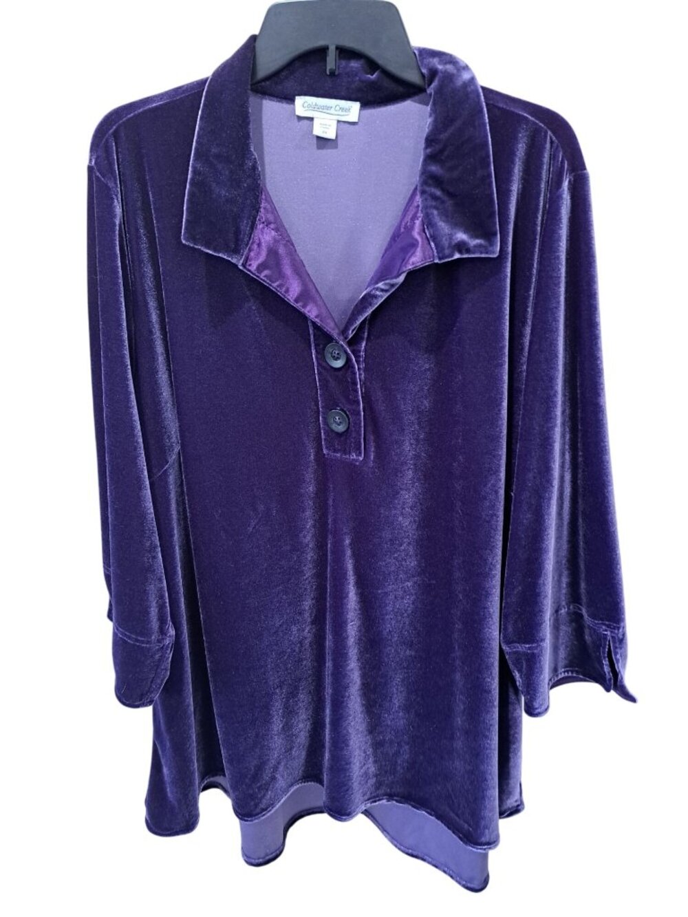 Purple Velvet Plus Size 2XL 3/4 Sleeve Collared Button-Up Top Womens Festival